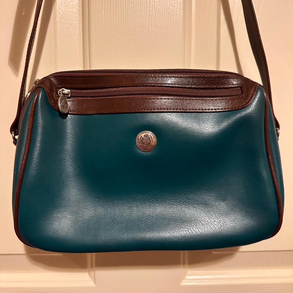 Vintage Liz Claiborne Teal and Brown Leather Crossbody Bag with Emblem